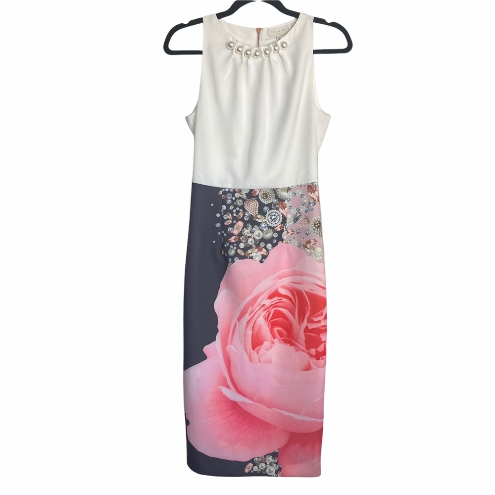 Ted Baker Blenheim Palace Ruched Pearl Neck Floral Pencil Midi Dress
